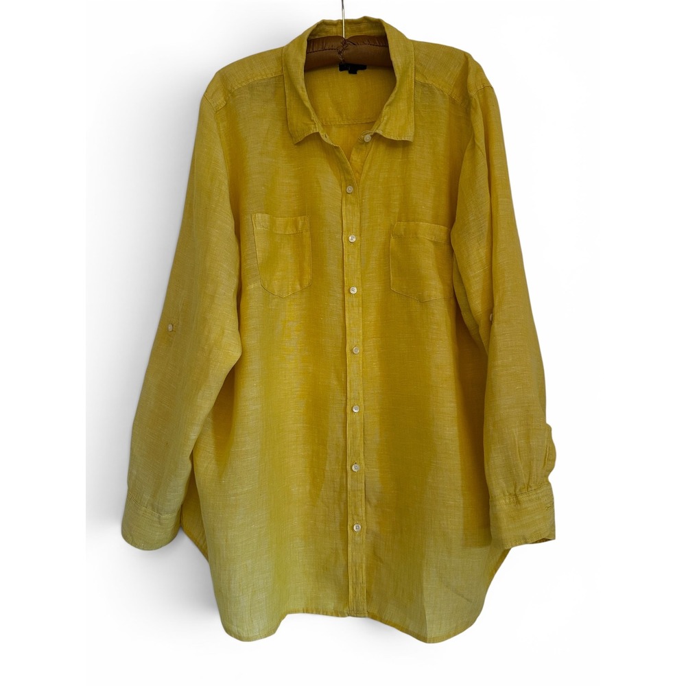 Talbots Woman Petites 3XP Yellow Linen Button Down Shirt Roll Tab Sleeve Blouse
